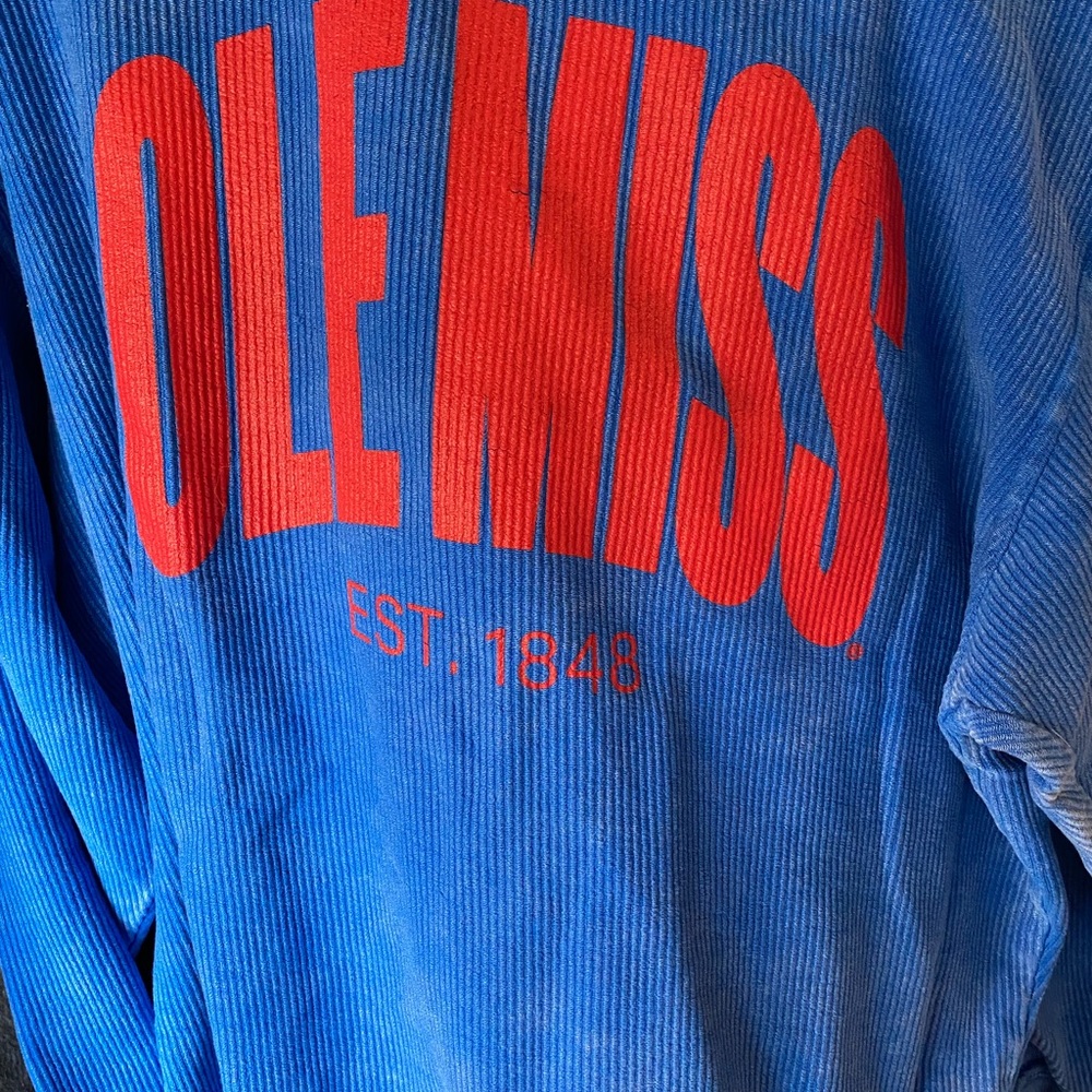 Corded/corduroy Ole Miss Crewneck. Chicka-d brand. Like new. Size L. Unisex.